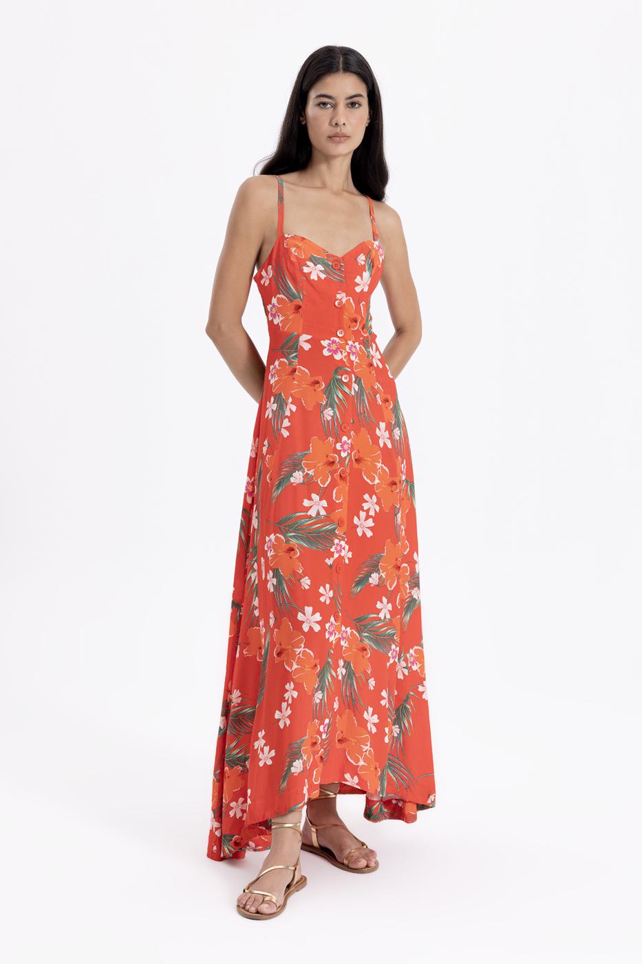 Bayan Kırmızı Askılı Maksi Elbise