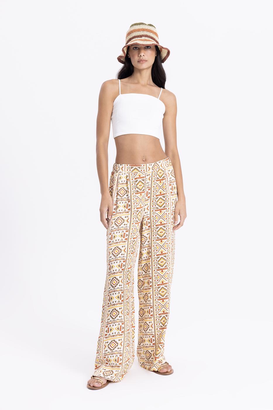 Bayan Ekru Desenli Bol Pantolon