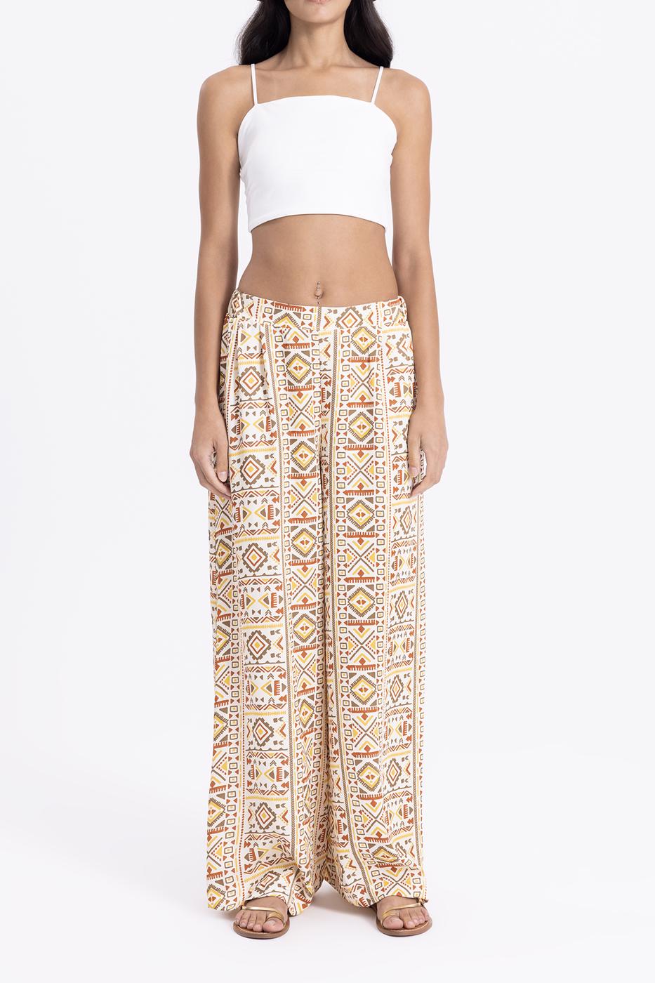 Bayan Ekru Desenli Bol Pantolon