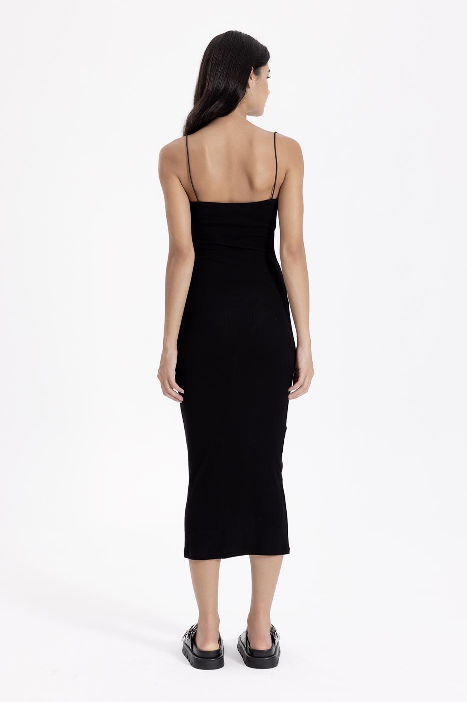 Bayan Siyah Askılı İpek Karışımlı Midi Kalem Elbise