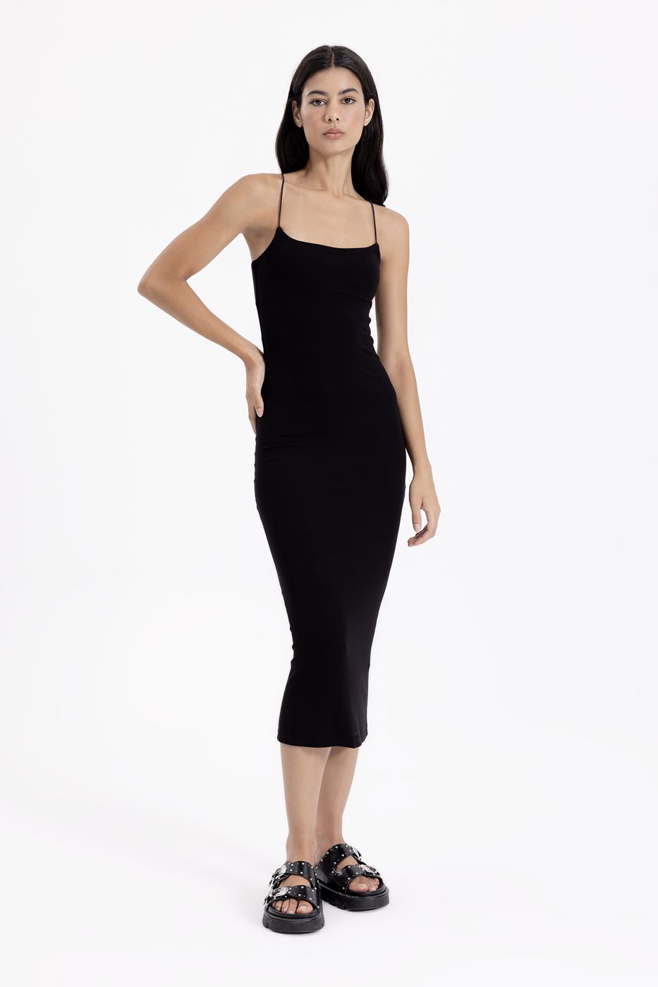 Bayan Siyah Askılı İpek Karışımlı Midi Kalem Elbise