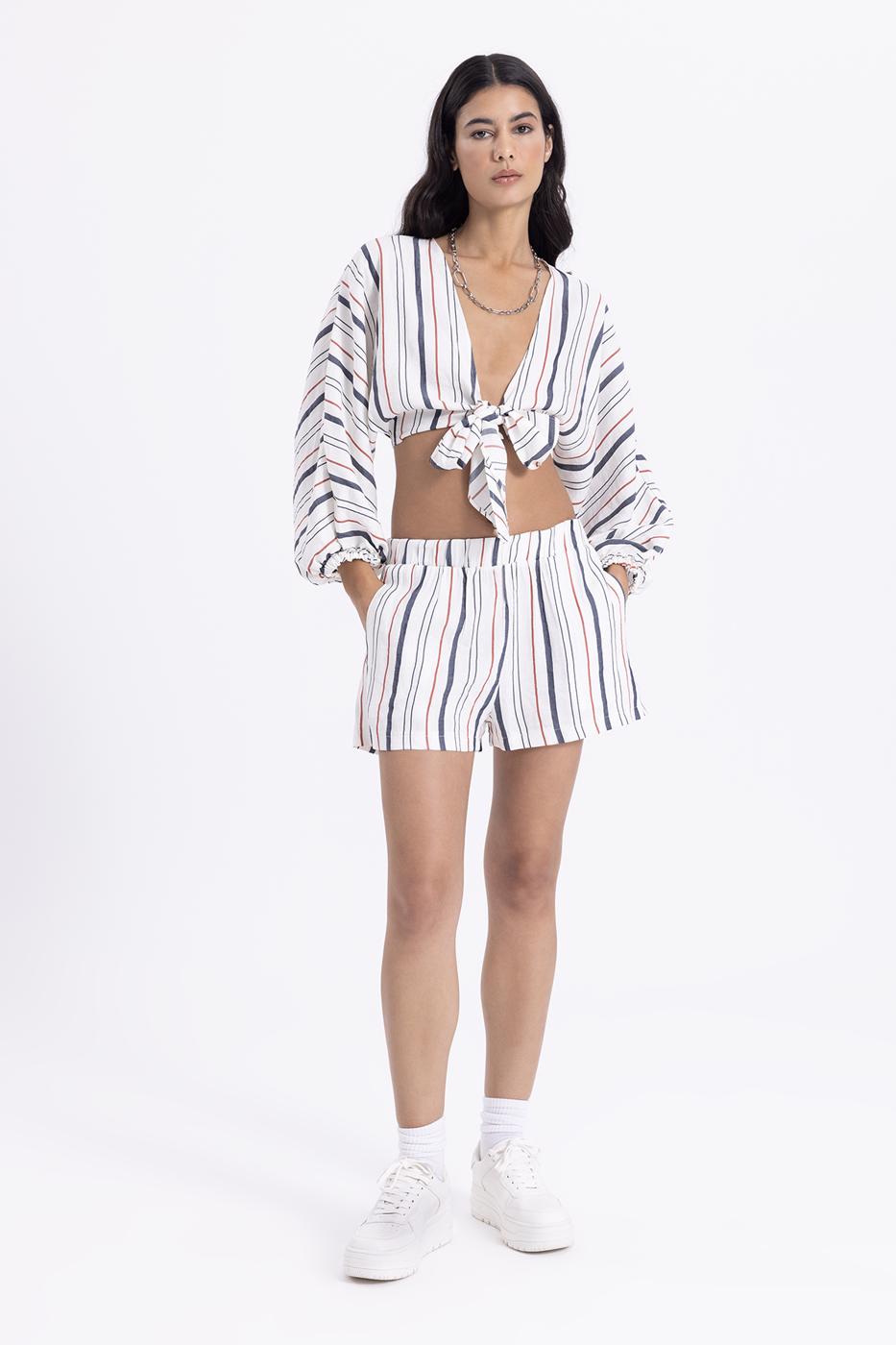 Bayan Ekru Keten Çizgili Mini Şort