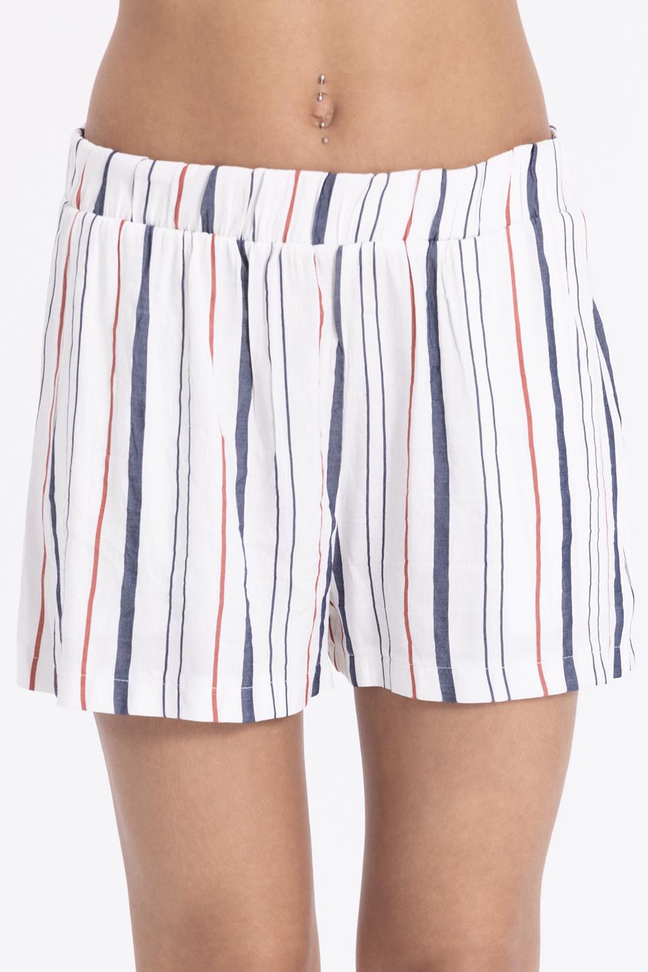 Bayan Ekru Keten Çizgili Mini Şort