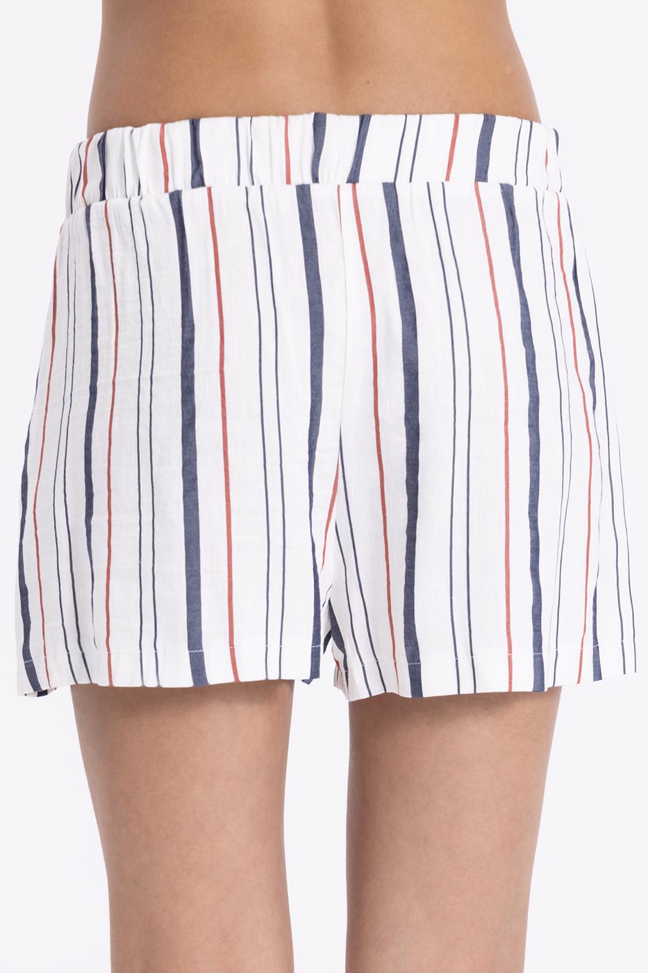 Bayan Ekru Keten Çizgili Mini Şort