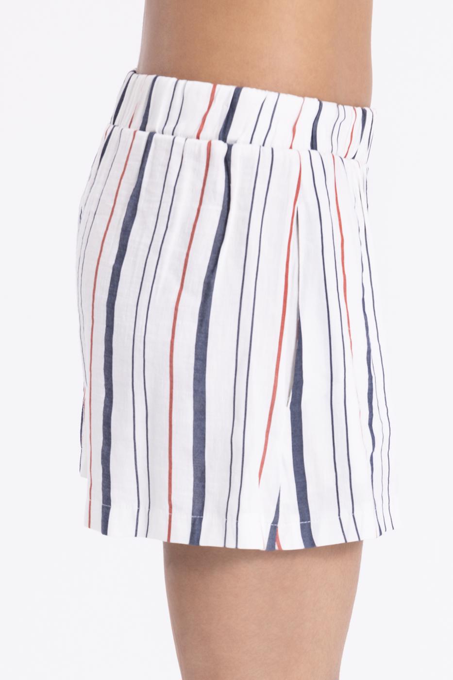 Bayan Ekru Keten Çizgili Mini Şort
