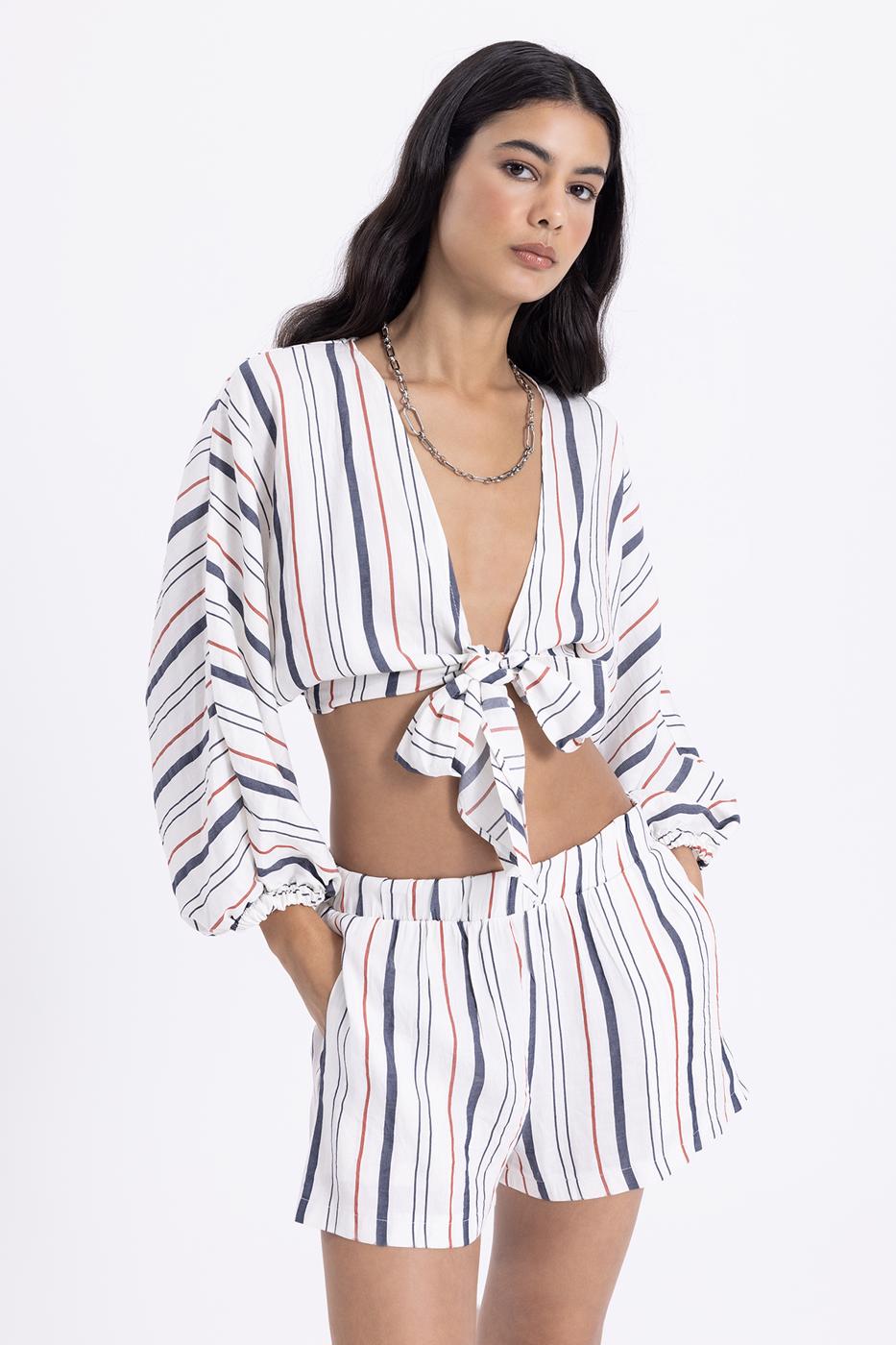 Bayan Ekru Keten Çizgili Mini Şort