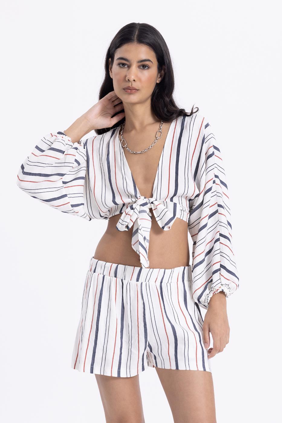 Bayan Ekru Keten Çizgili Mini Şort