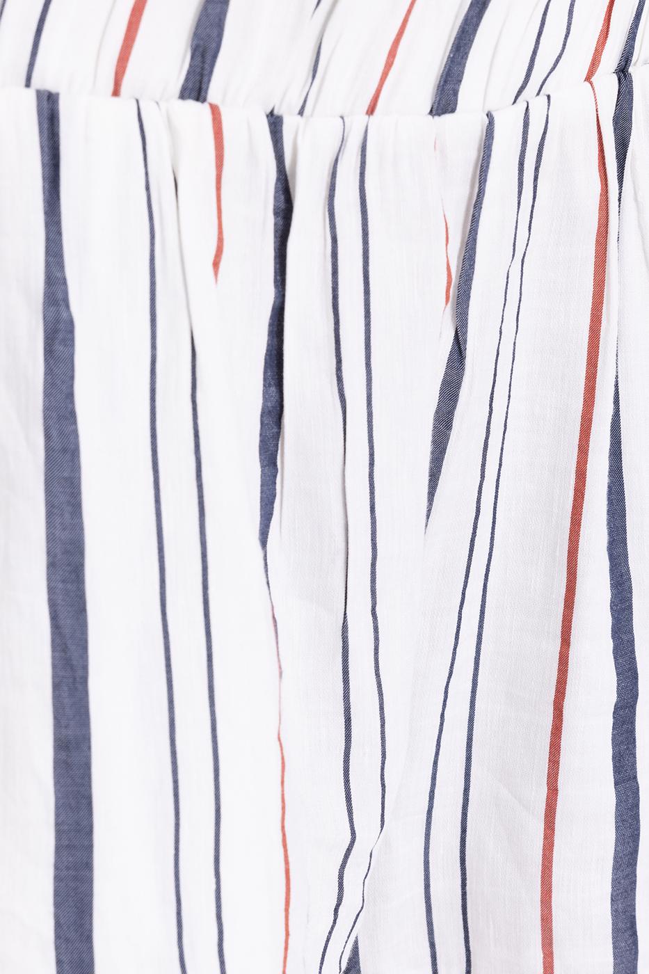 Bayan Ekru Keten Çizgili Mini Şort