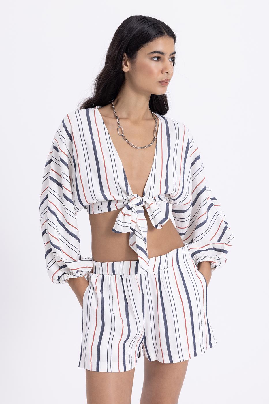 Bayan Ekru Keten Çizgili Yarasa Kollu Crop Bağlamalı Bluz