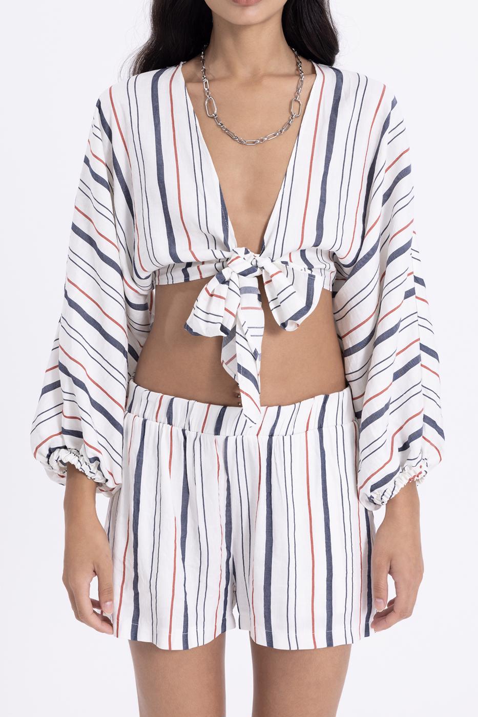 Bayan Ekru Keten Çizgili Yarasa Kollu Crop Bağlamalı Bluz