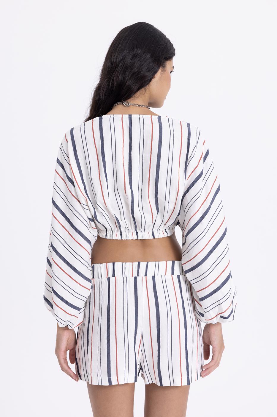Bayan Ekru Keten Çizgili Yarasa Kollu Crop Bağlamalı Bluz