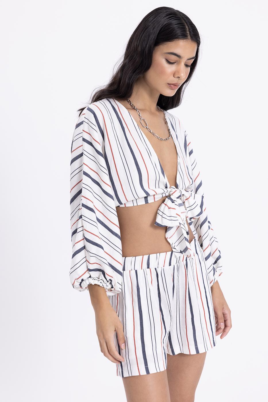 Bayan Ekru Keten Çizgili Yarasa Kollu Crop Bağlamalı Bluz