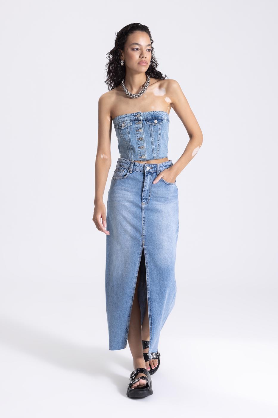 Bayan Mavi Yırtmaçlı Denim Maksi Etek