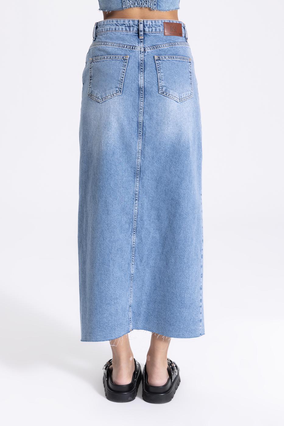 Bayan Mavi Yırtmaçlı Denim Maksi Etek