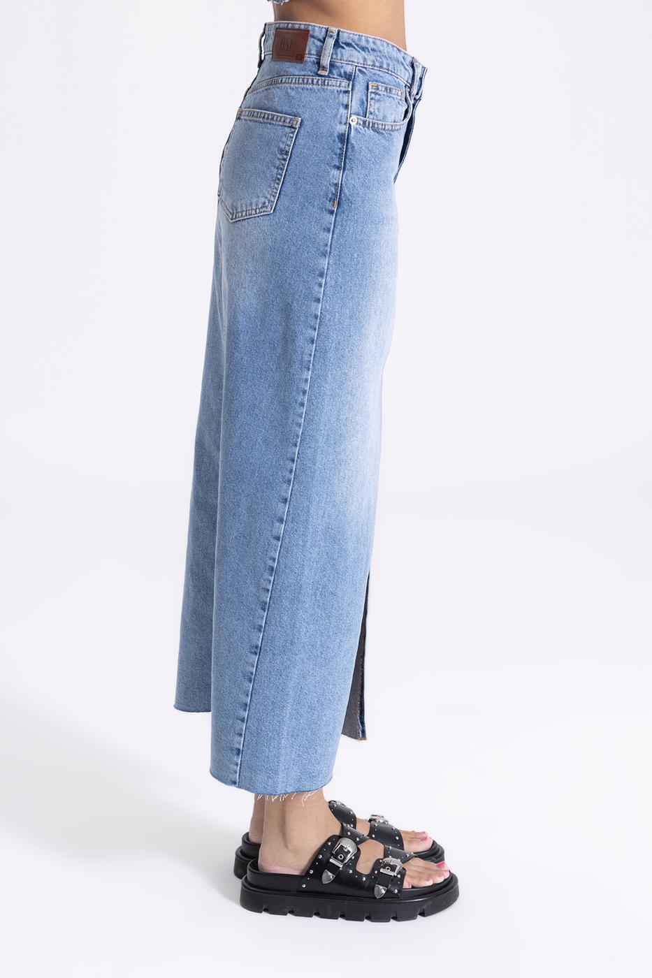 Bayan Mavi Yırtmaçlı Denim Maksi Etek