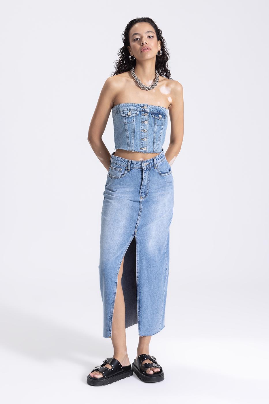 Bayan Mavi Yırtmaçlı Denim Maksi Etek