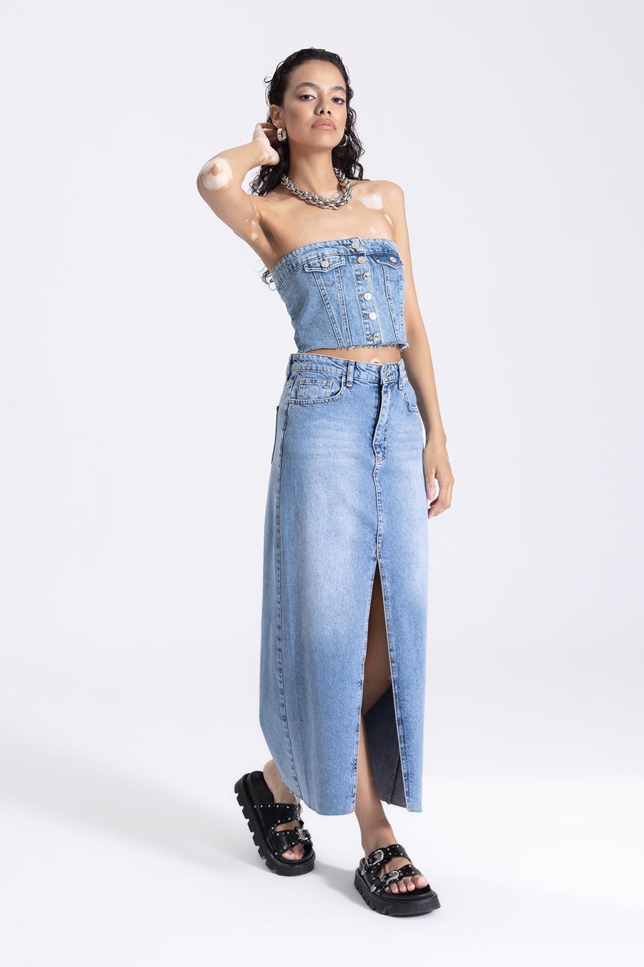 Bayan Mavi Yırtmaçlı Denim Maksi Etek