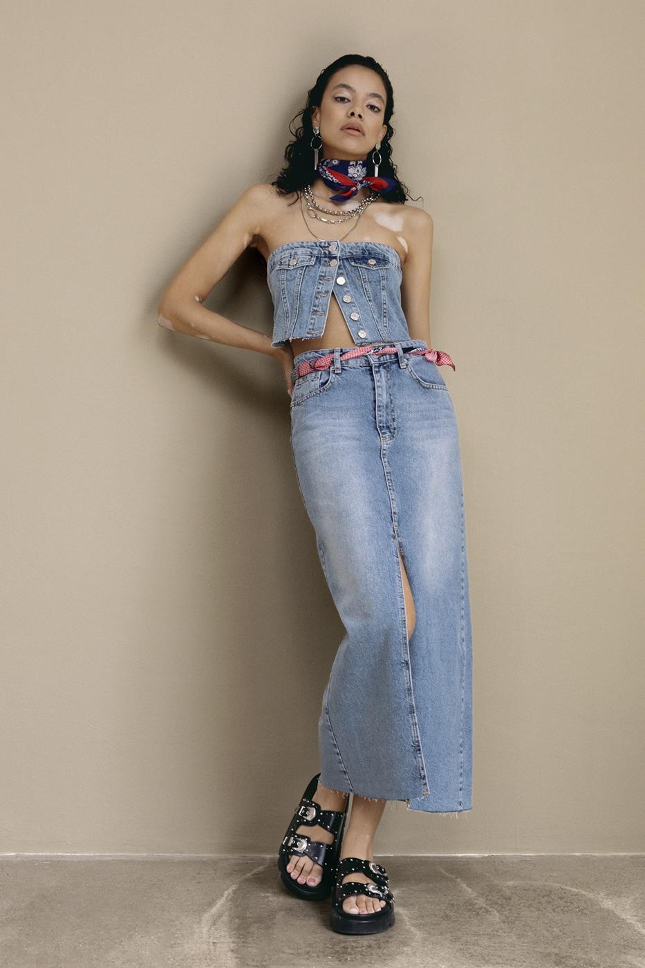 Bayan Mavi Yırtmaçlı Denim Maksi Etek