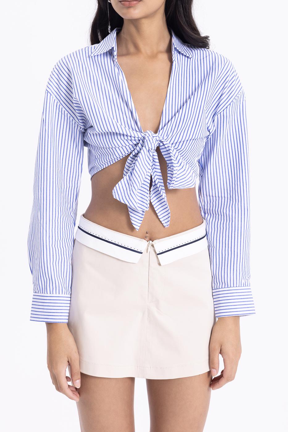 Bayan Mavi Gömlek Yakalı Çizgili Crop Bluz