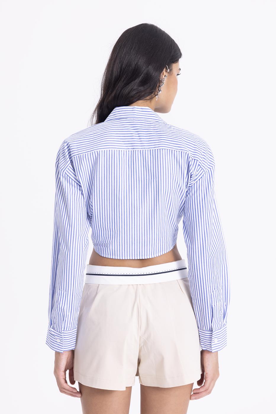 Bayan Mavi Gömlek Yakalı Çizgili Crop Bluz