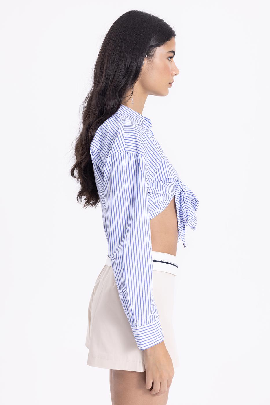 Bayan Mavi Gömlek Yakalı Çizgili Crop Bluz