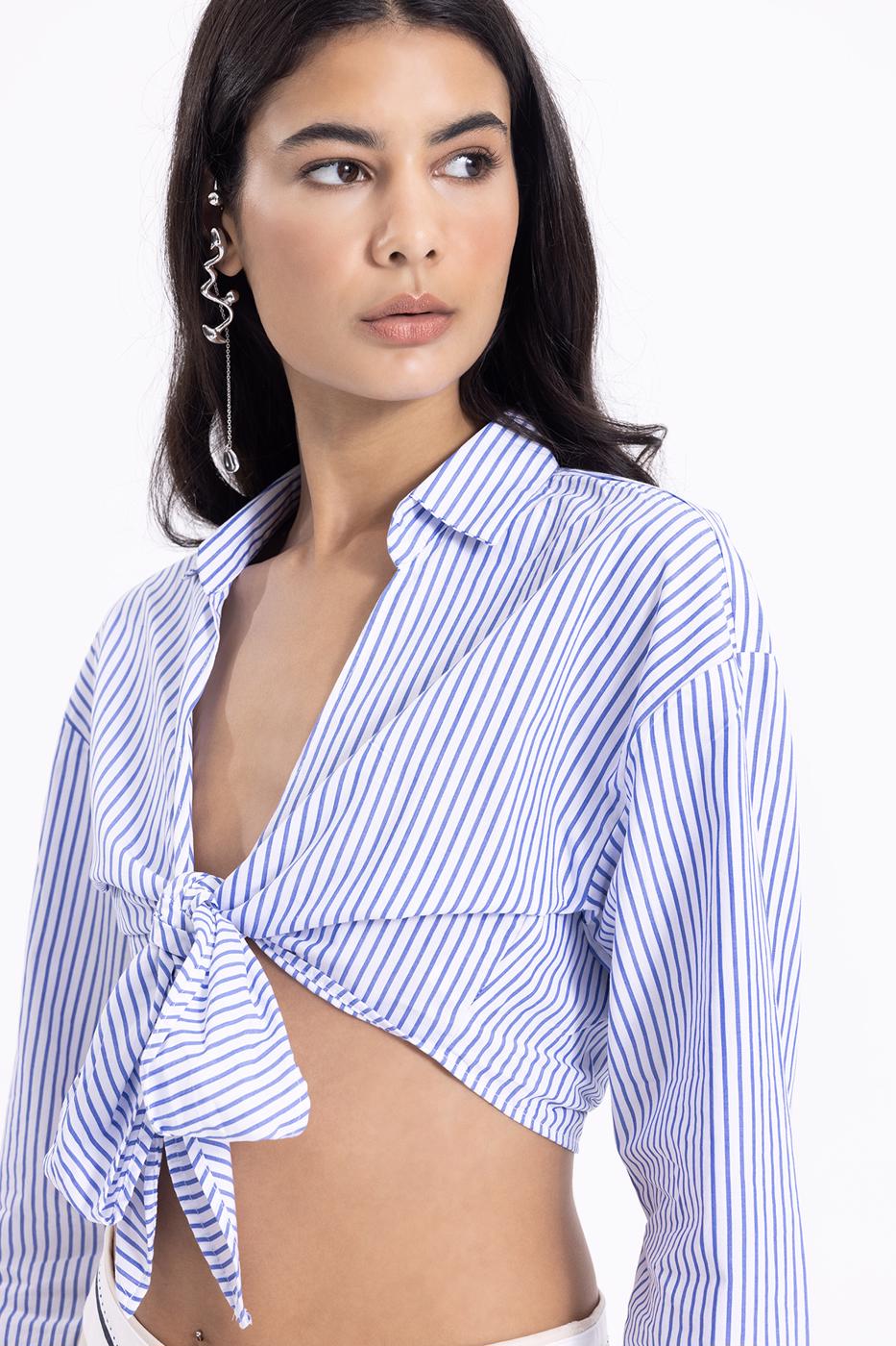 Bayan Mavi Gömlek Yakalı Çizgili Crop Bluz