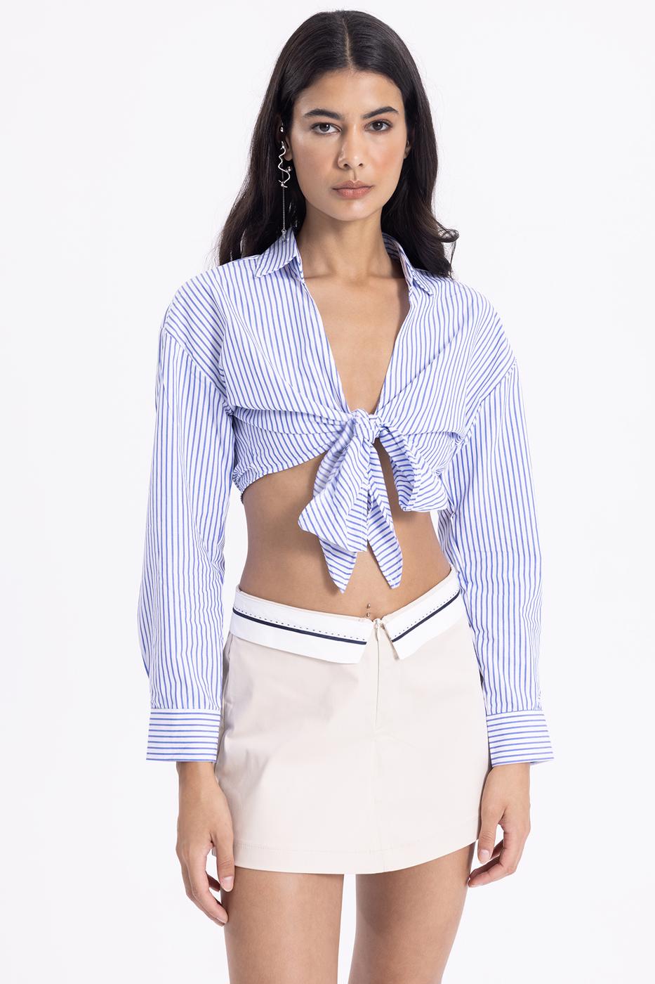 Bayan Mavi Gömlek Yakalı Çizgili Crop Bluz