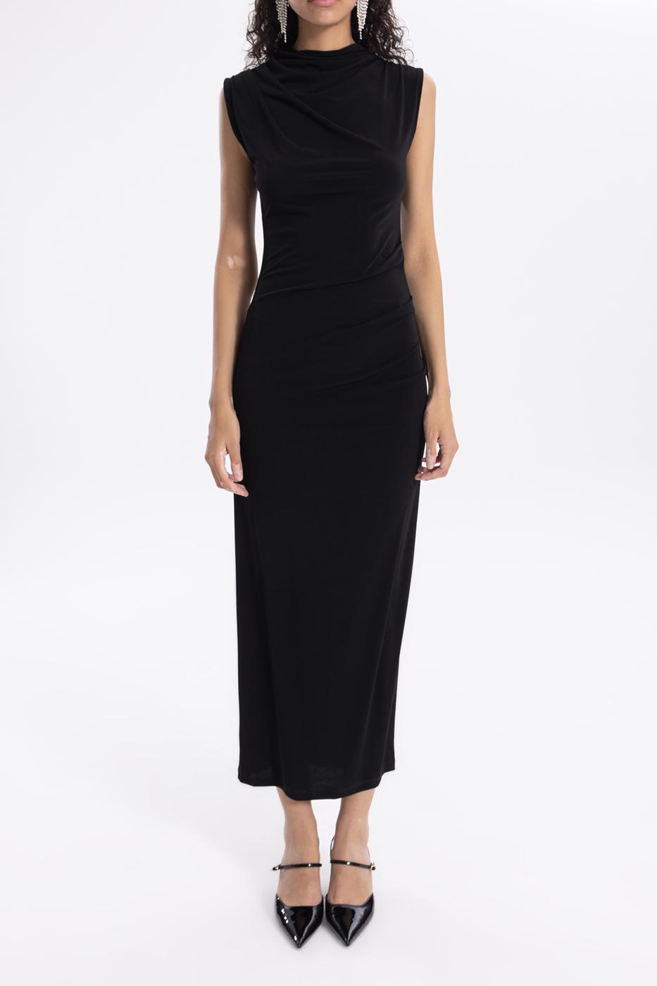 Bayan Siyah Sırt Dekolteli Midi Kalem Elbise