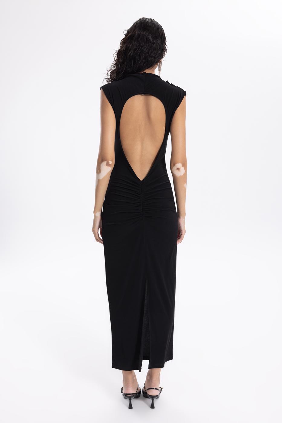 Bayan Siyah Sırt Dekolteli Midi Kalem Elbise