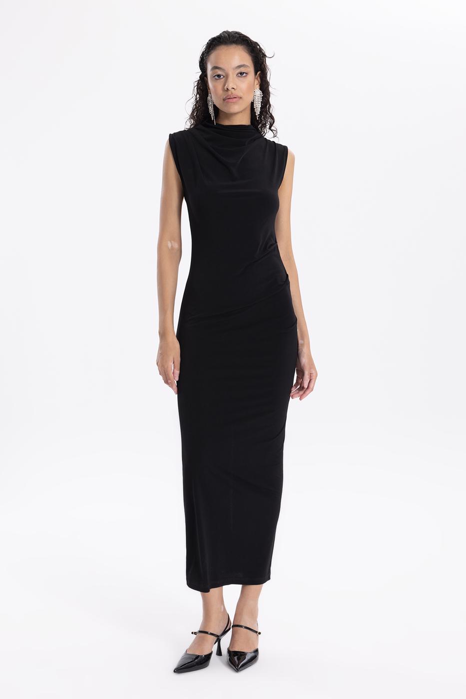 Bayan Siyah Sırt Dekolteli Midi Kalem Elbise