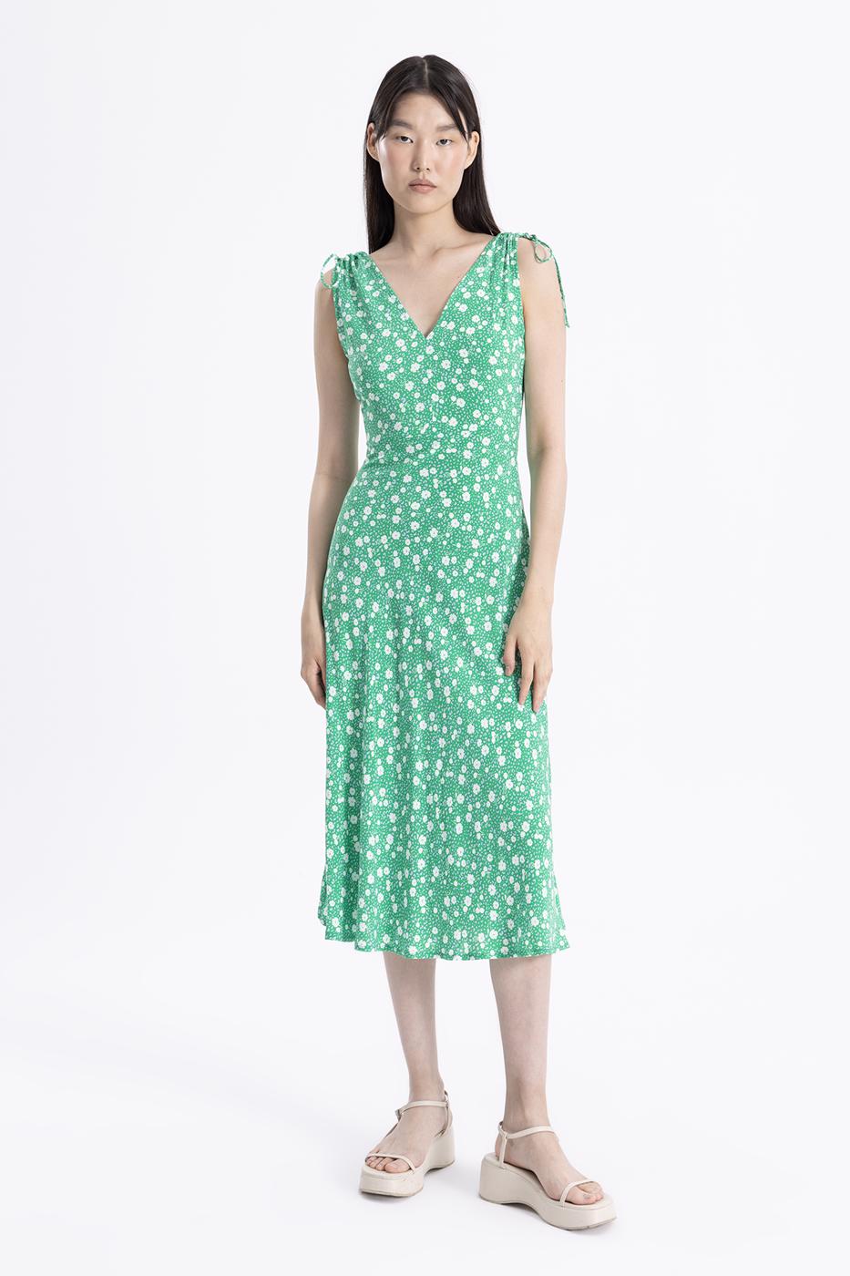 Bayan Yeşil Kolsuz V Yakalı Midi Elbise