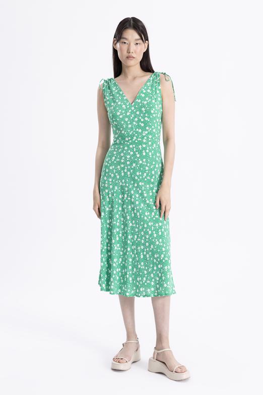 Bayan Yeşil Kolsuz V Yakalı Midi Elbise - BSL