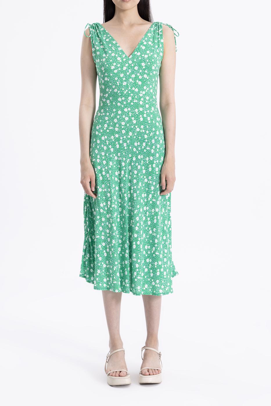 Bayan Yeşil Kolsuz V Yakalı Midi Elbise