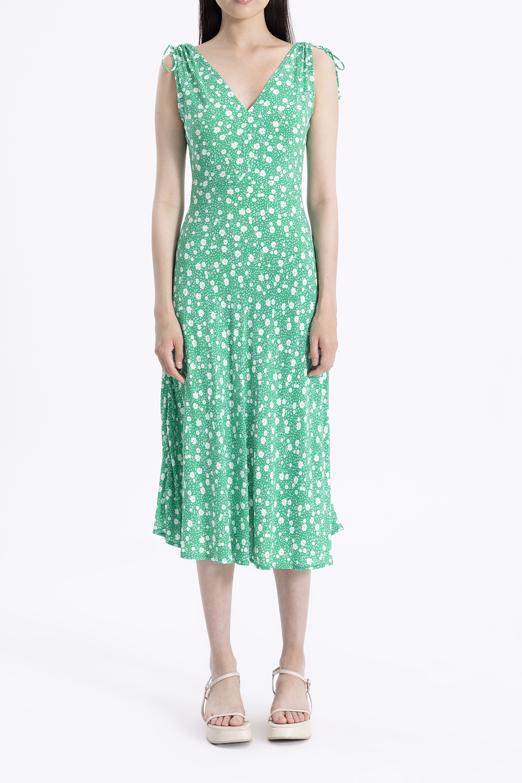 Bayan Yeşil Kolsuz V Yakalı Midi Elbise - BSL