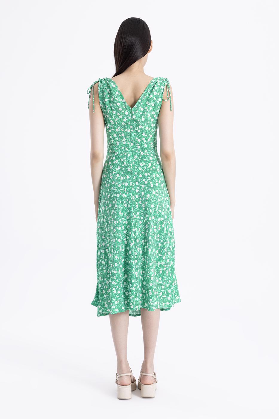 Bayan Yeşil Kolsuz V Yakalı Midi Elbise