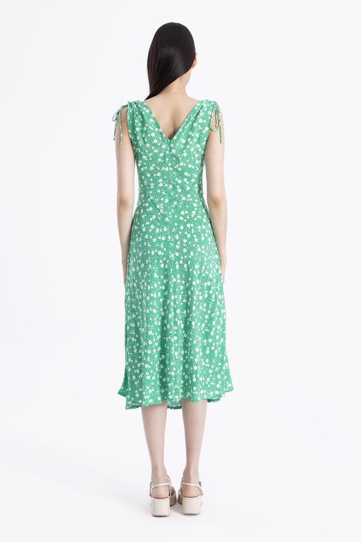 Bayan Yeşil Kolsuz V Yakalı Midi Elbise - BSL