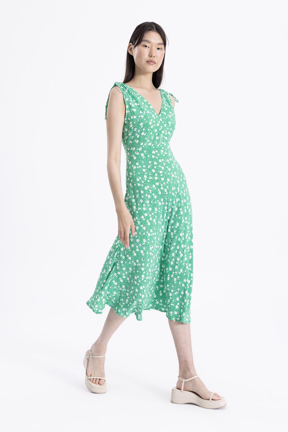 Bayan Yeşil Kolsuz V Yakalı Midi Elbise