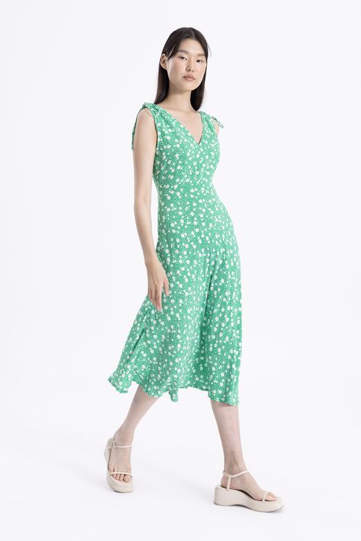 Bayan Yeşil Kolsuz V Yakalı Midi Elbise - BSL