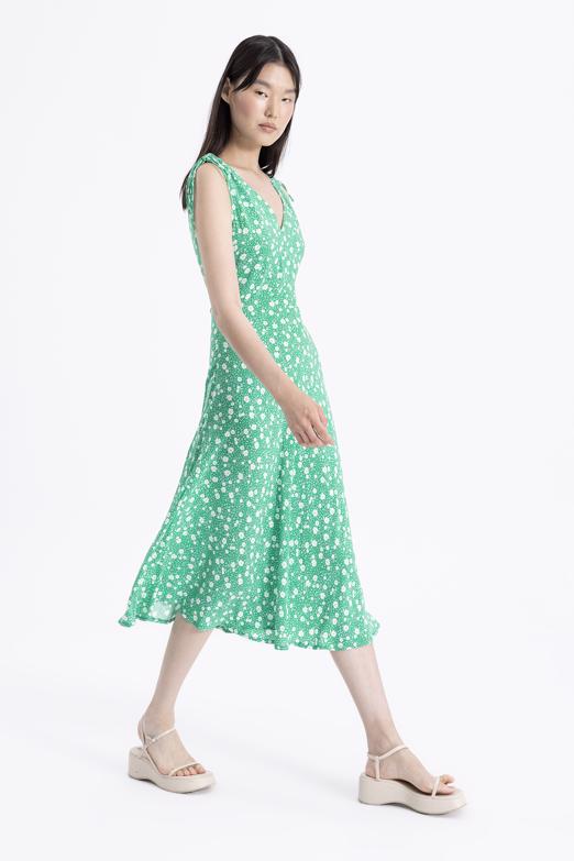 Bayan Yeşil Kolsuz V Yakalı Midi Elbise - BSL