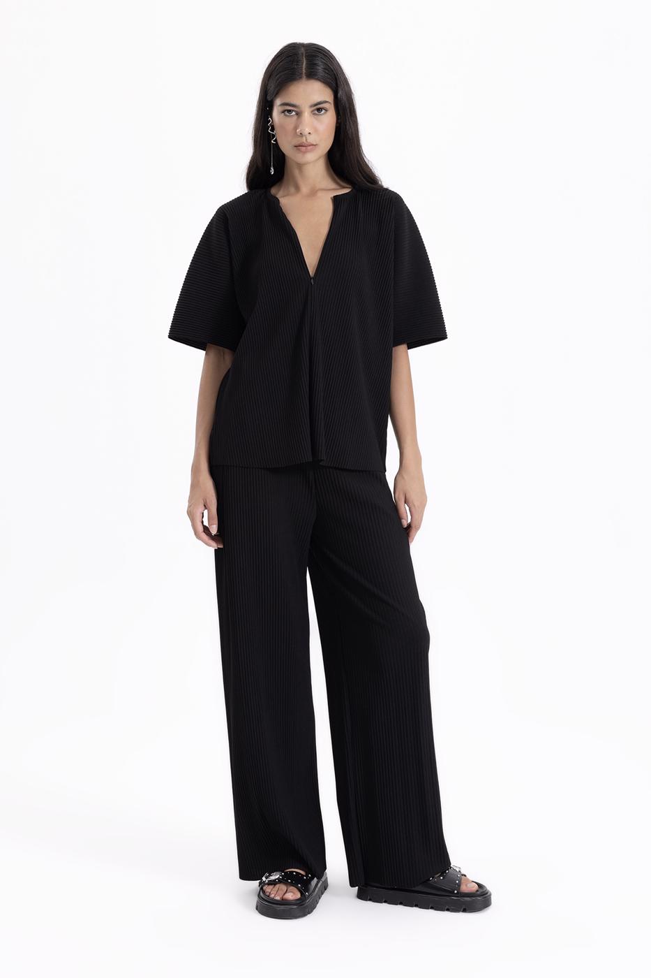 Bayan Siyah Pileli Lastikli Bol Pantolon