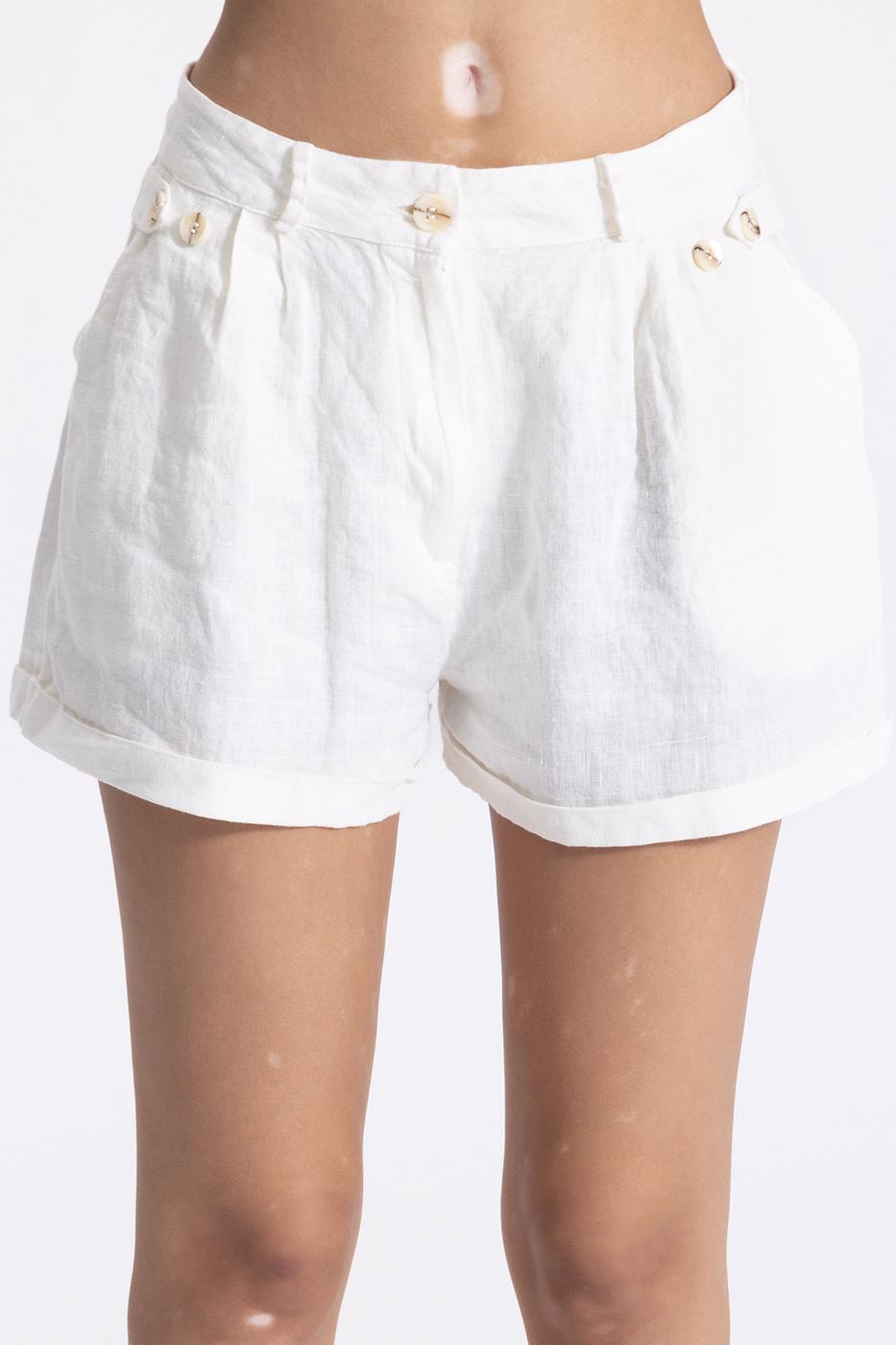 Bayan Ekru Keten Düğme Detaylı Mini Şort