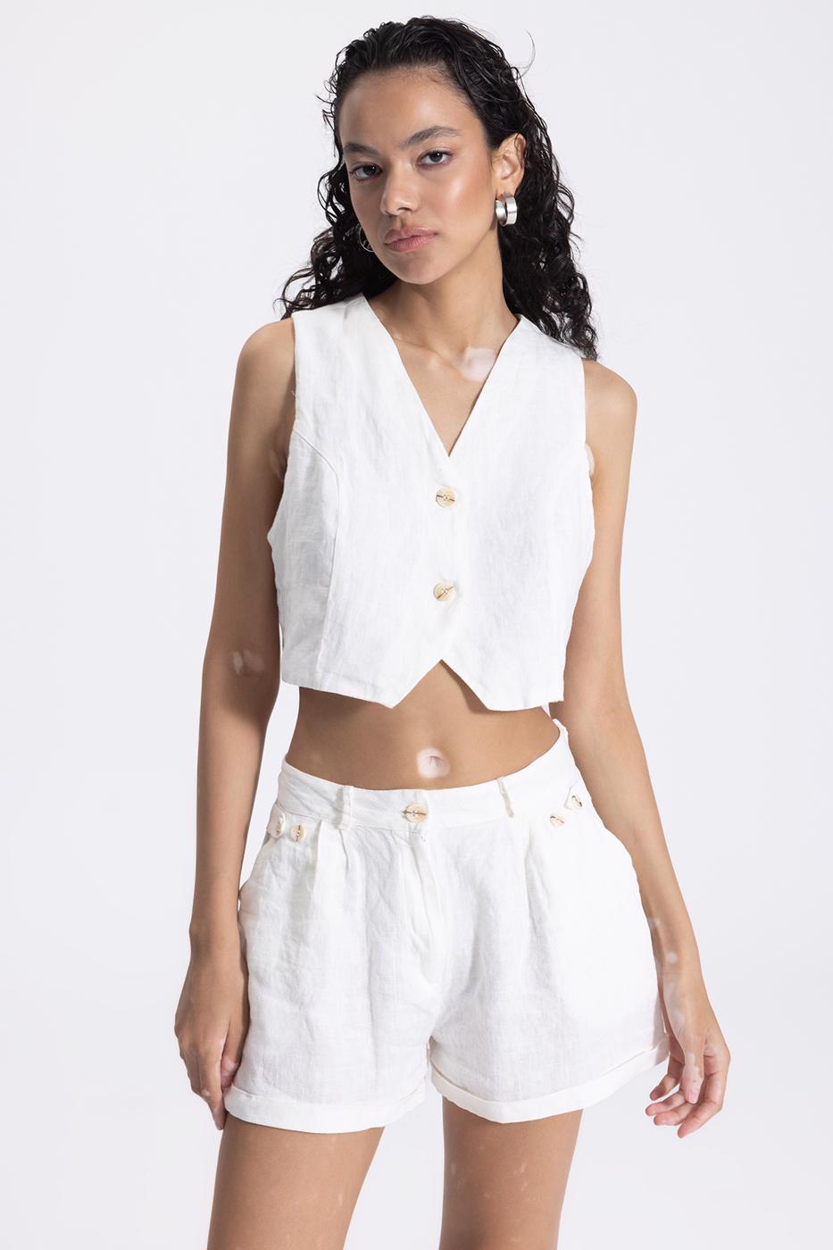 Bayan Ekru Keten Düğme Detaylı Mini Şort