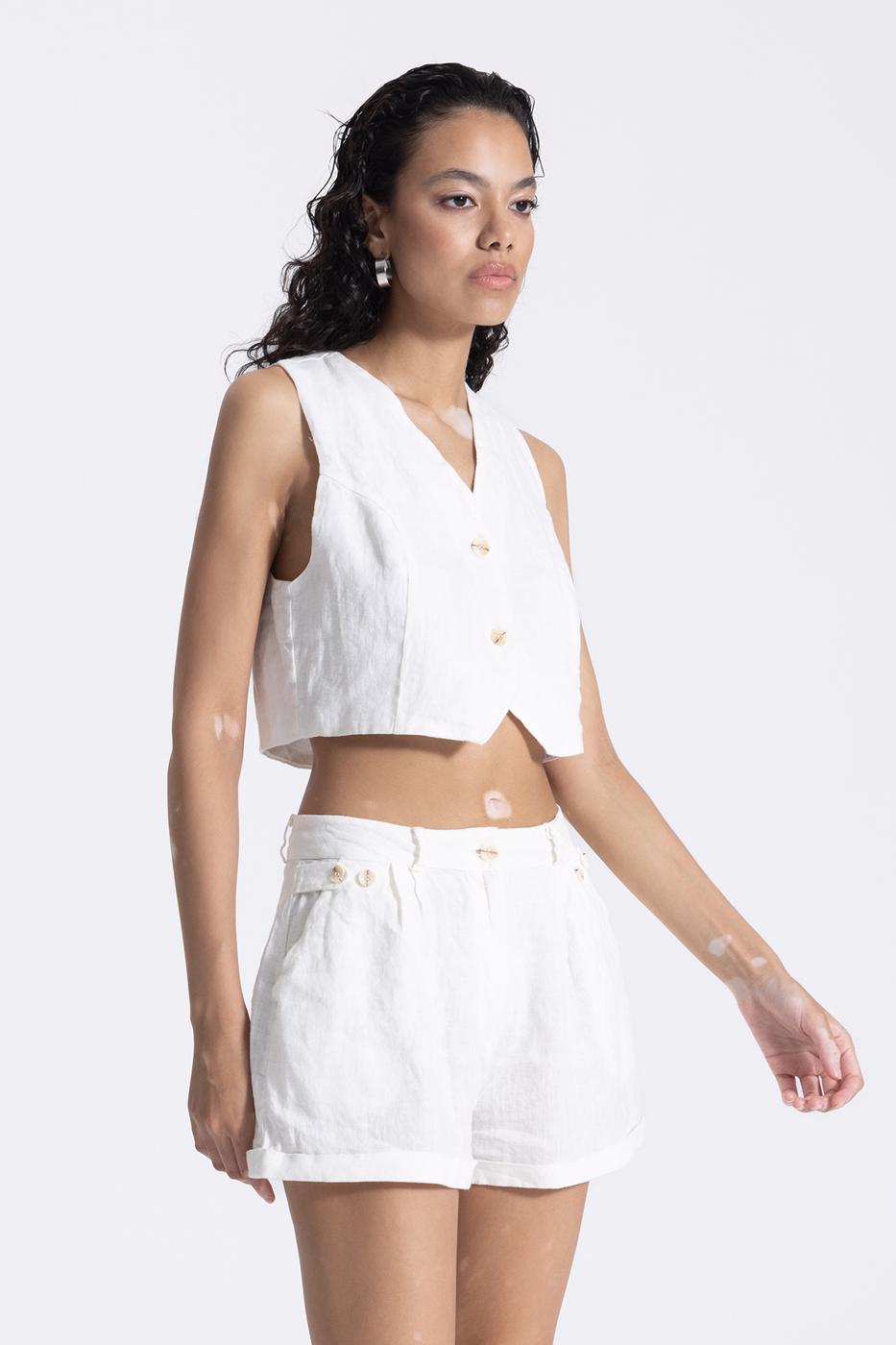 Bayan Ekru Keten Düğme Detaylı Mini Şort