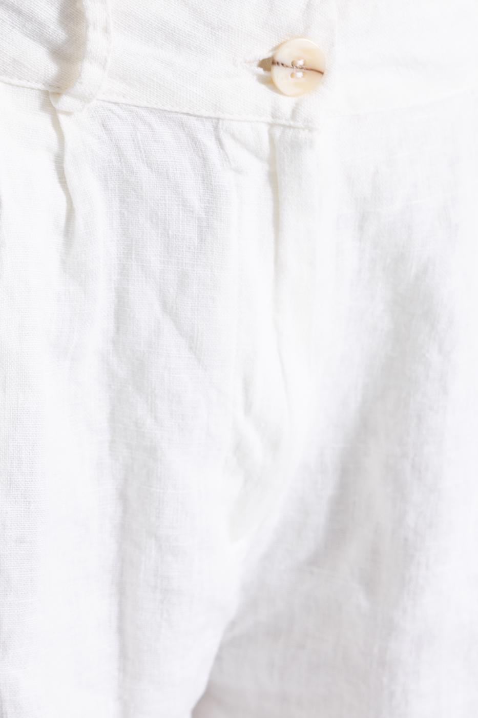 Bayan Ekru Keten Düğme Detaylı Mini Şort