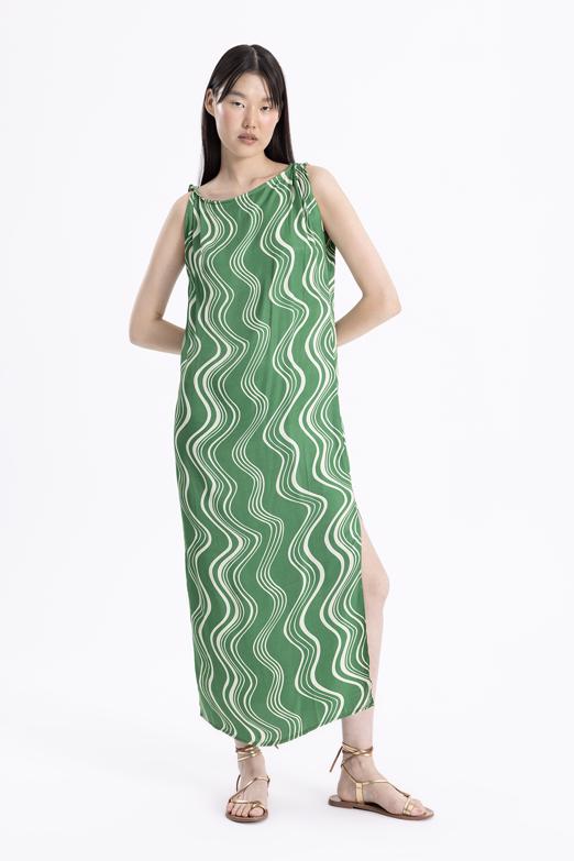 Bayan Yeşil Burgulu Saten Midi Elbise - BSL