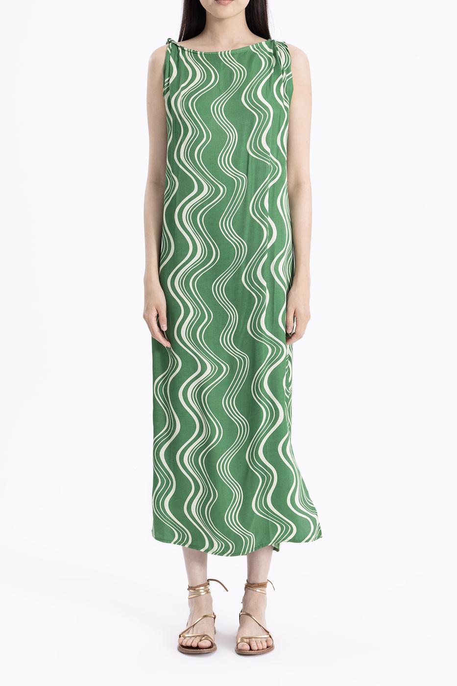 Bayan Yeşil Burgulu Saten Midi Elbise