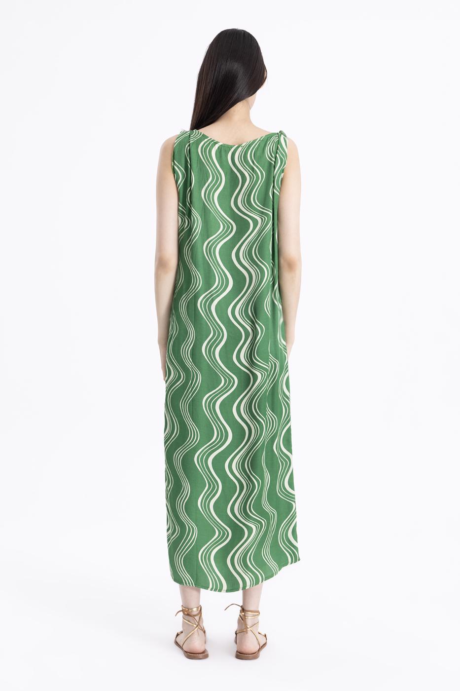 Bayan Yeşil Burgulu Saten Midi Elbise