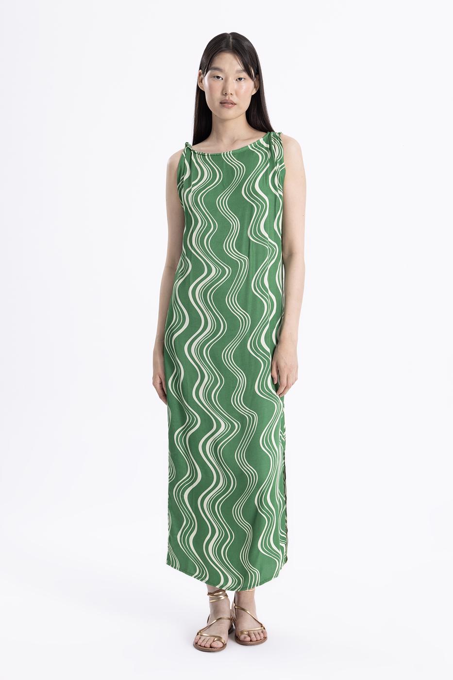 Bayan Yeşil Burgulu Saten Midi Elbise