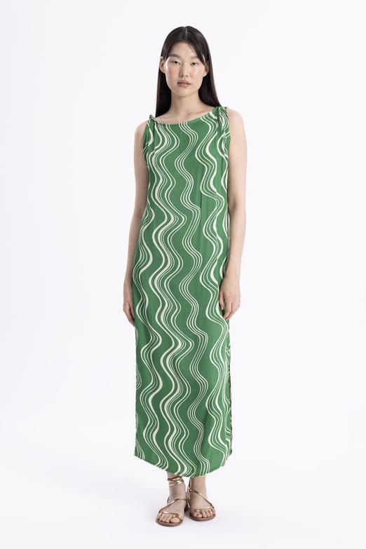 Bayan Yeşil Burgulu Saten Midi Elbise - BSL