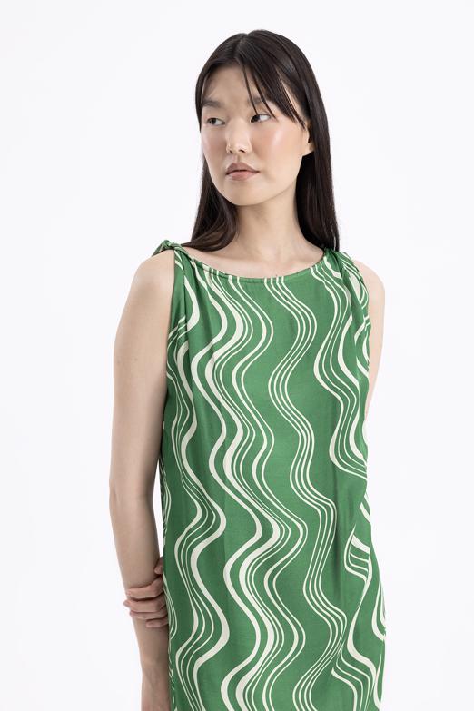 Bayan Yeşil Burgulu Saten Midi Elbise - BSL